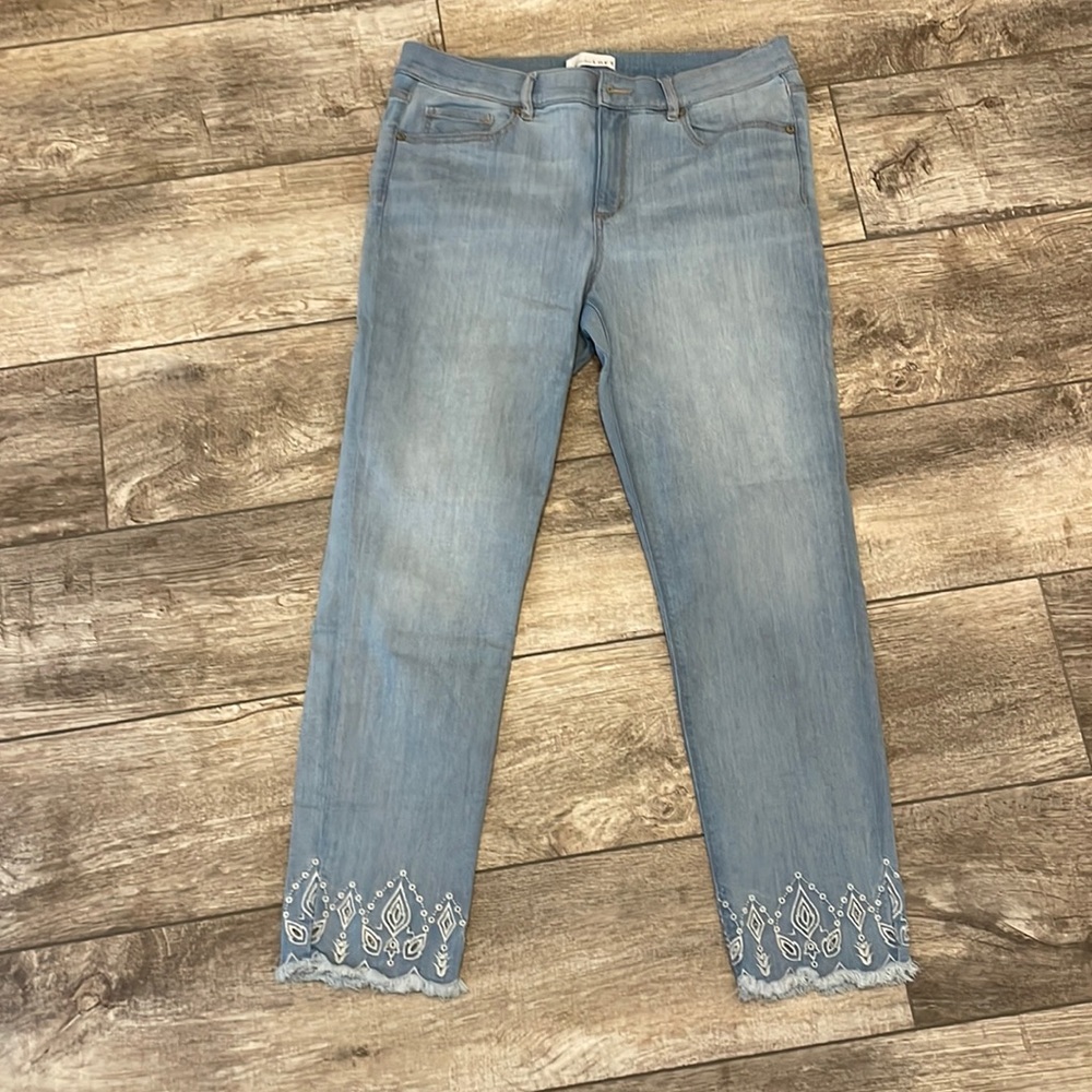 Loft Modern Skinny denim embroidered fray bottom jeans size 12 / 31